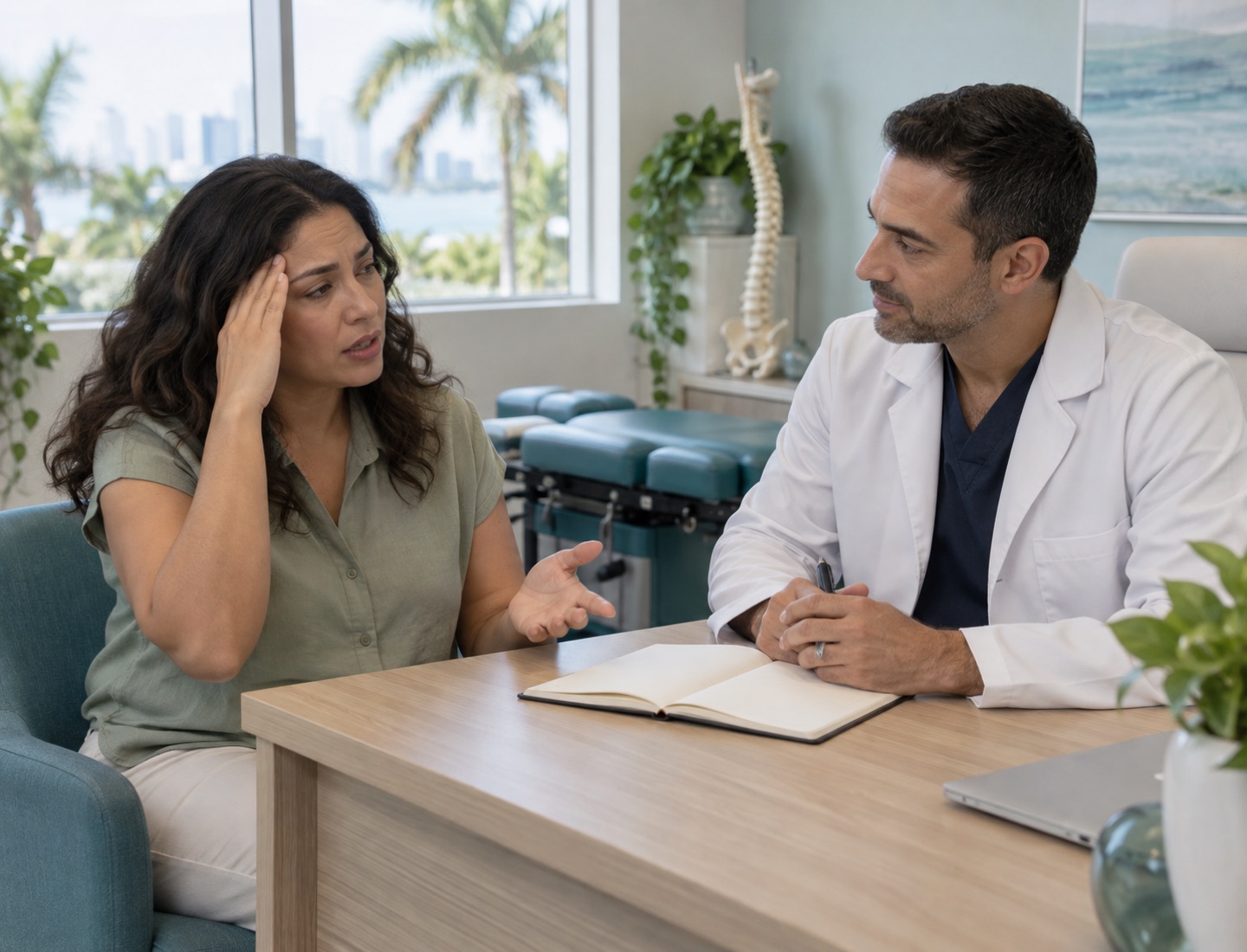 An adult discussing a headache diary with a clinician.