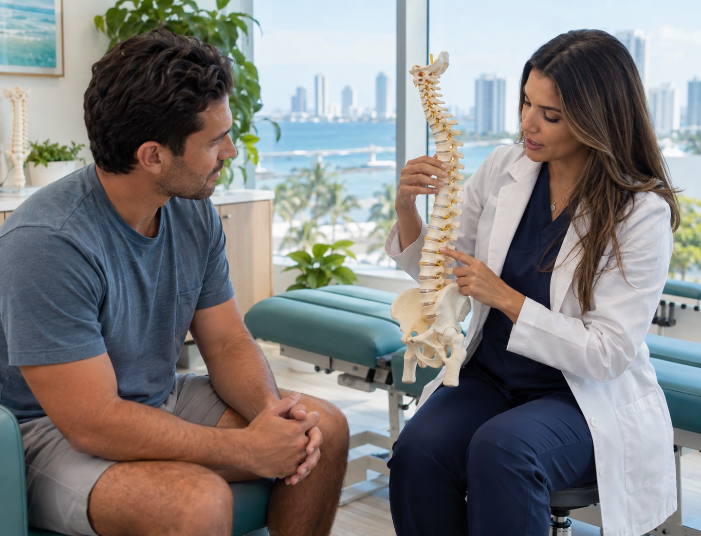 A clinician explaining a spine model to an adult patient.