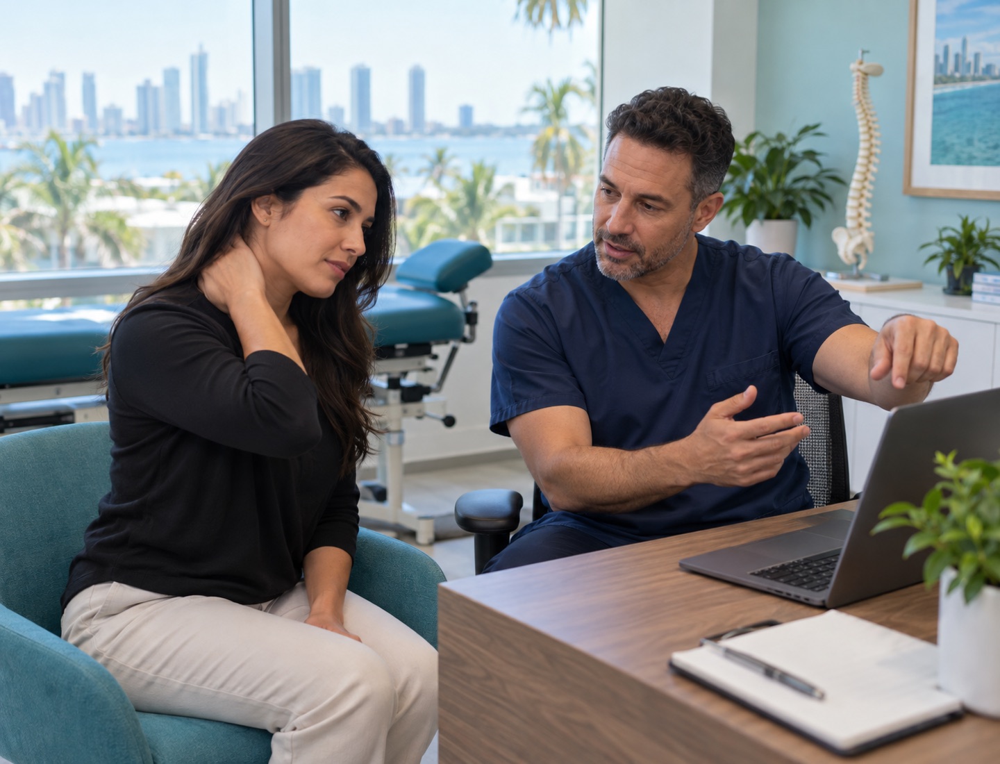 An adult and clinician discussing desk work and neck comfort.