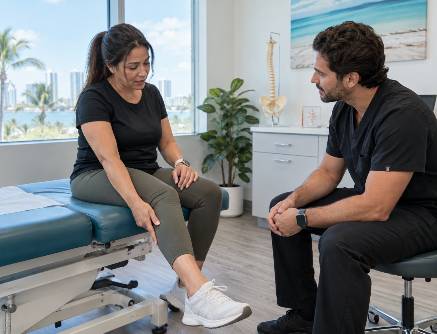 A seated patient pointing to leg discomfort while speaking with a clinician.