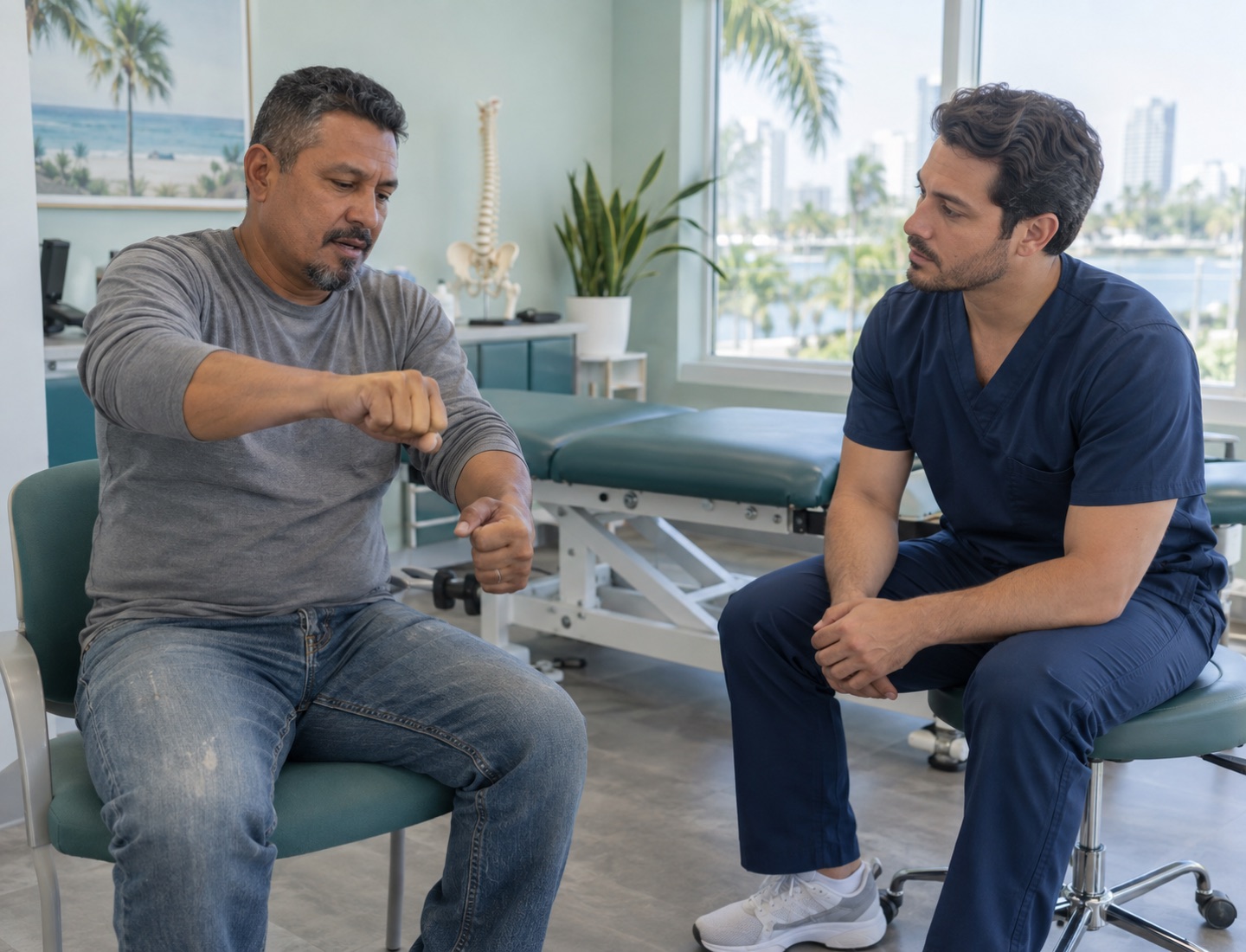 An adult explaining a repetitive work task to a clinician.