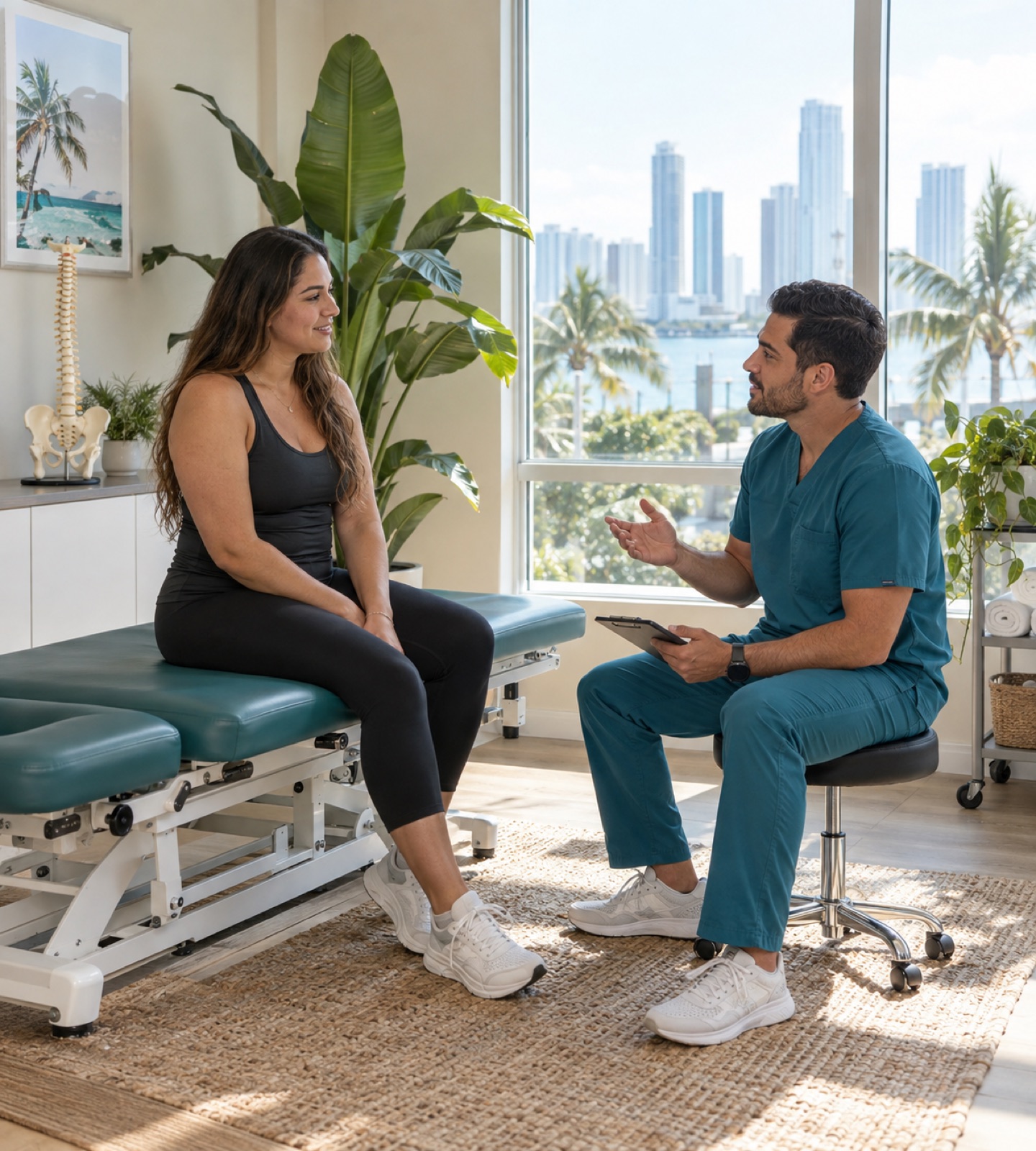 An adult patient and clinician talking in a sunlit treatment room.