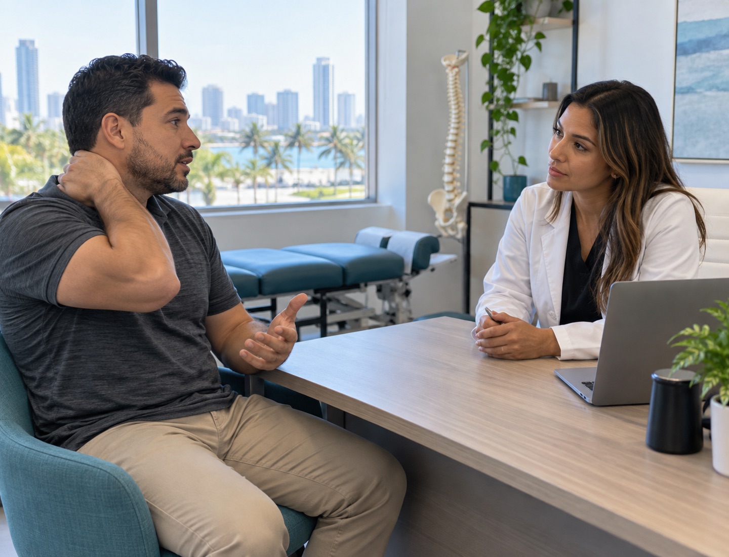 An adult discussing a car accident with a clinician at a consultation desk.