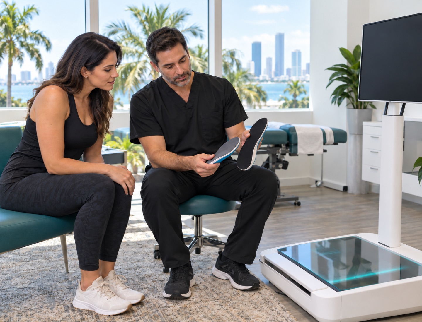 A patient and clinician reviewing shoe inserts beside a foot scanning platform.