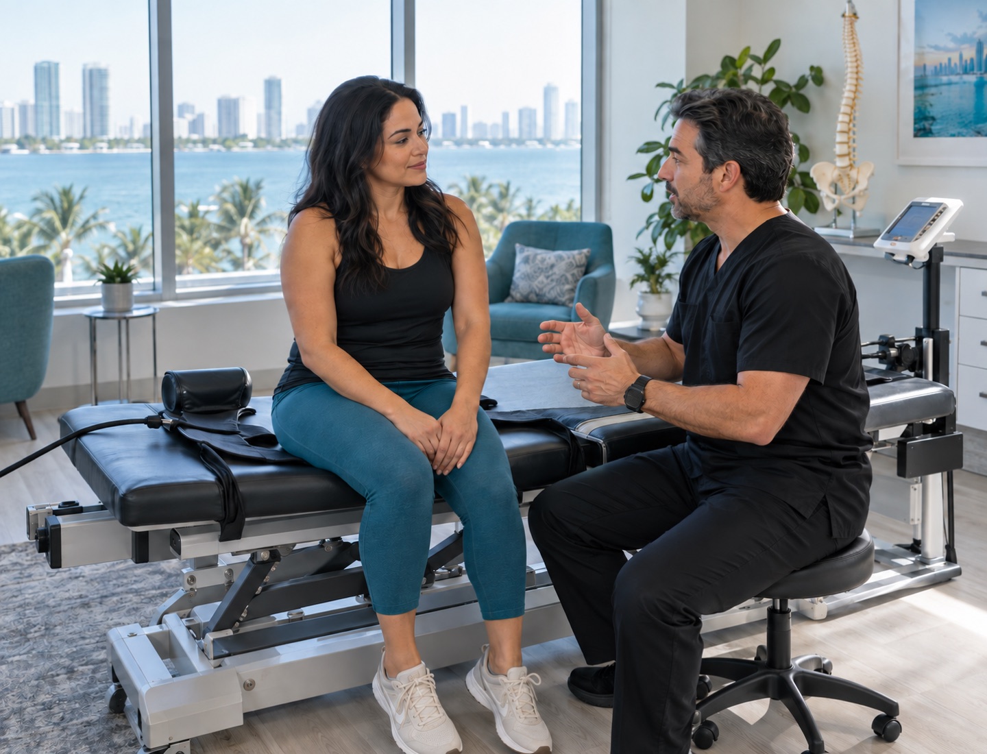 A patient and clinician discussing spine care beside a traction table.