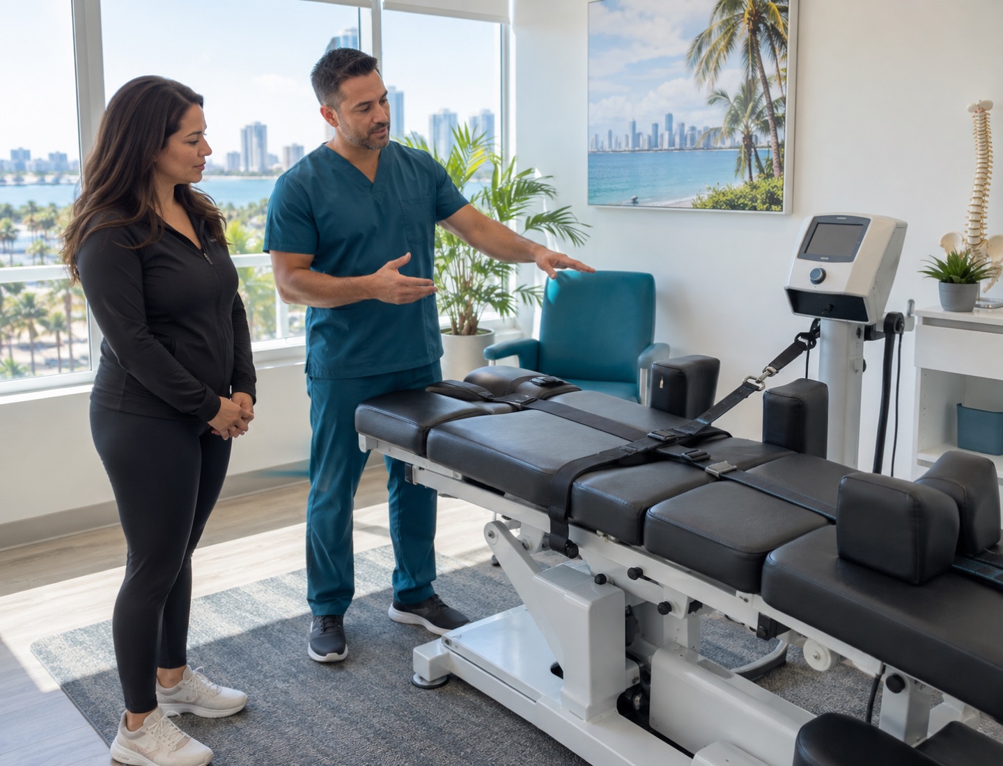 A clinician explaining a spinal traction table to an adult patient.